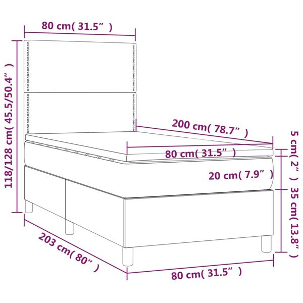 vidaXL Κρεβάτι Boxspring με Στρώμα & LED Αν.Γκρι 80x200 εκ. Υφασμάτινο
