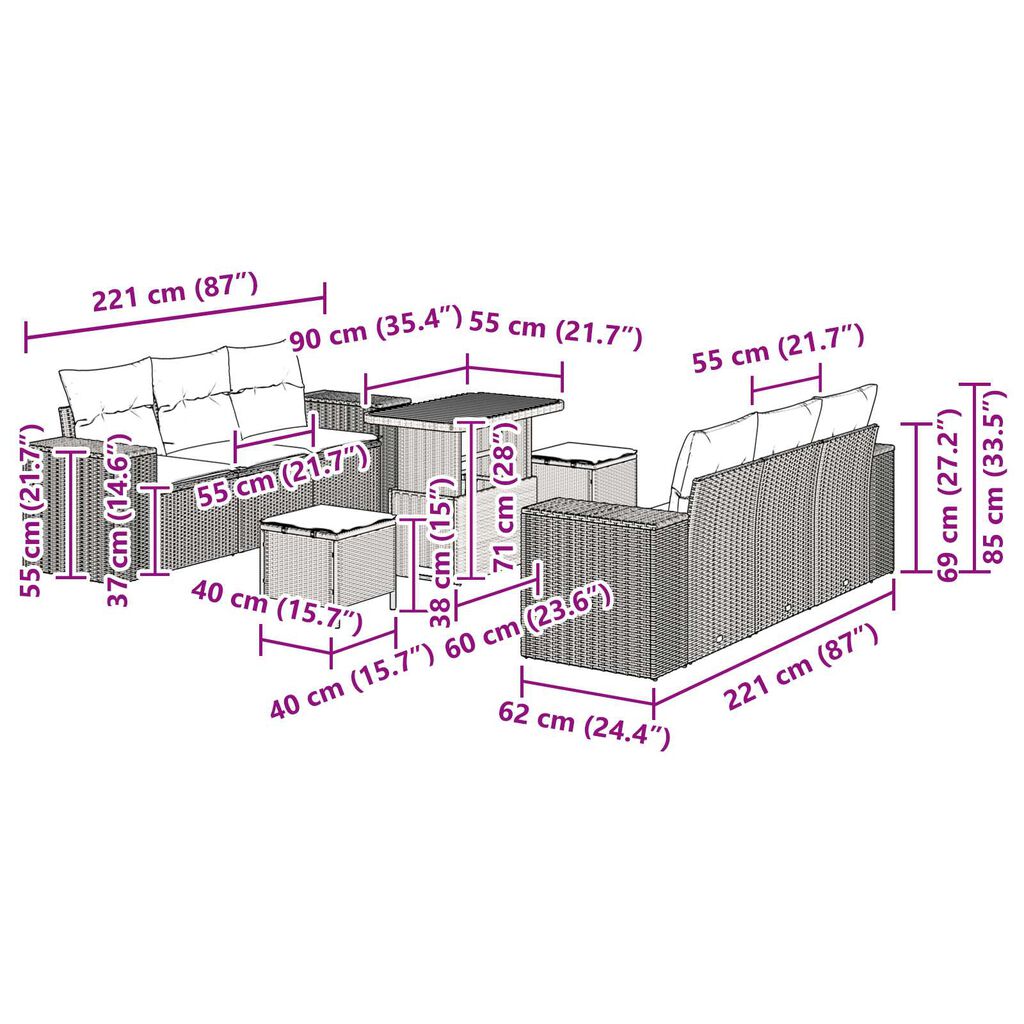 vidaXL Σετ Καναπέ Κήπου με μαξιλάρι 9 pcs Γκρι 90 x 55 x 71 cm