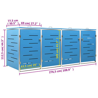 vidaXL Πλαίσιο Κάδων Απορρ. Τετραπλό Ρόδες 276,5x77,5x115,5εκ Αν. Ατσ.