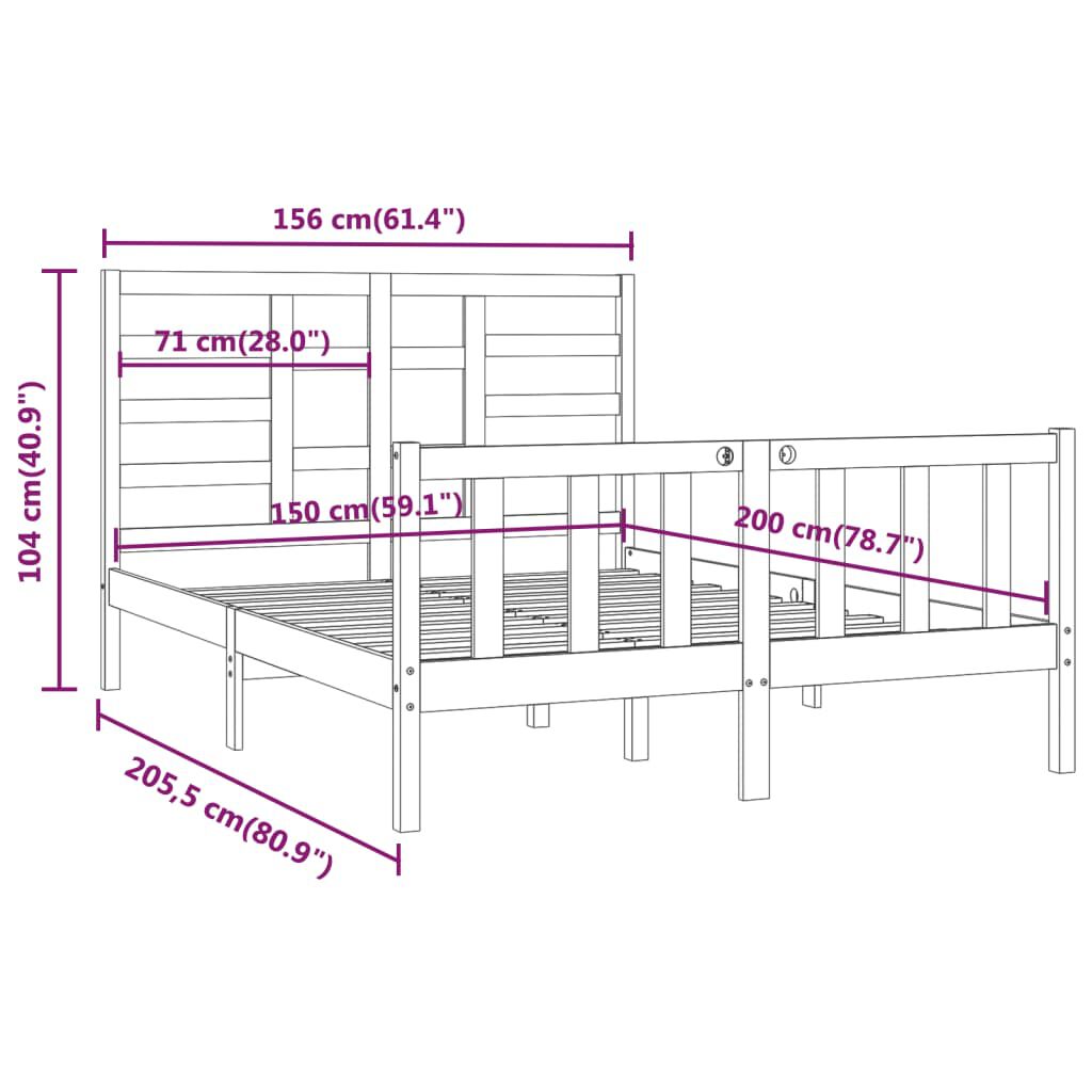 vidaXL Πλαίσιο Κρεβατιού Γκρι 150 x 200 εκ. Μασίφ Ξύλο King Size