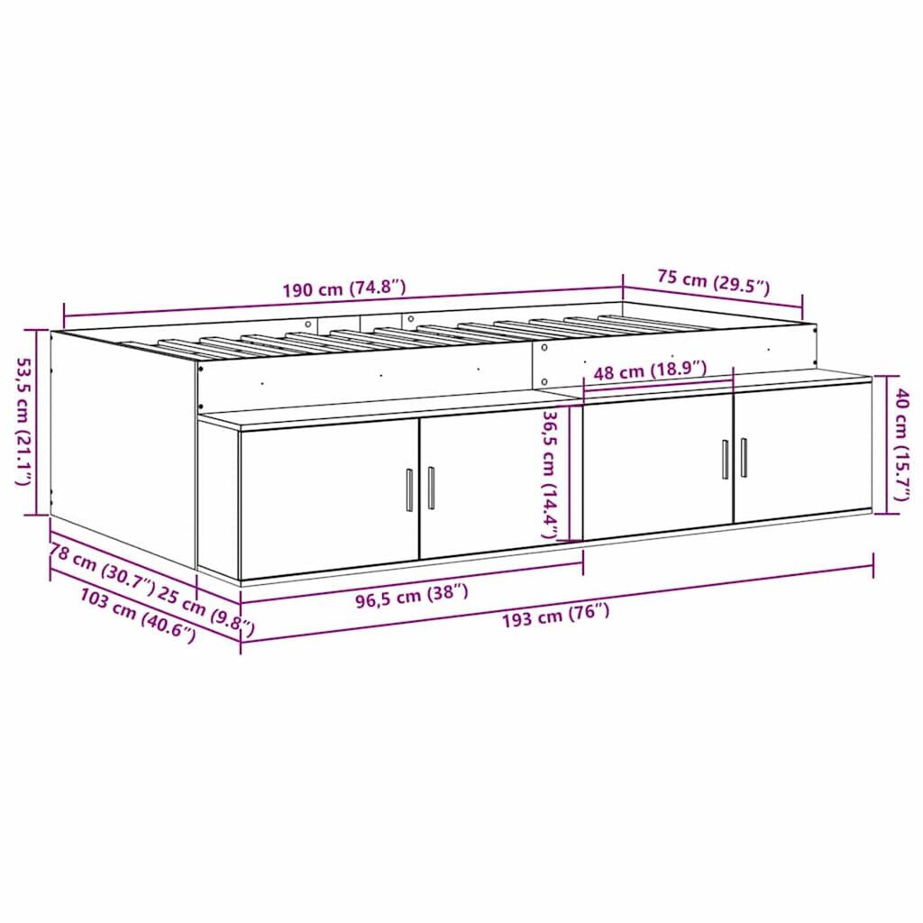 vidaXL Κρεβάτι με αποθηκευτικό χώρο Μαύρη δρυς 75 x 190 cm
