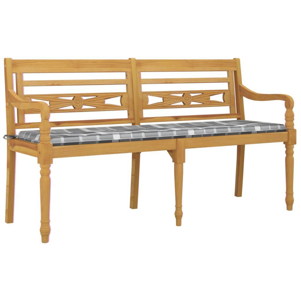 vidaXL Παγκάκι Batavia 150 εκ. Μασίφ Ξύλο Teak & Γκρι Καρό Μαξιλάρι