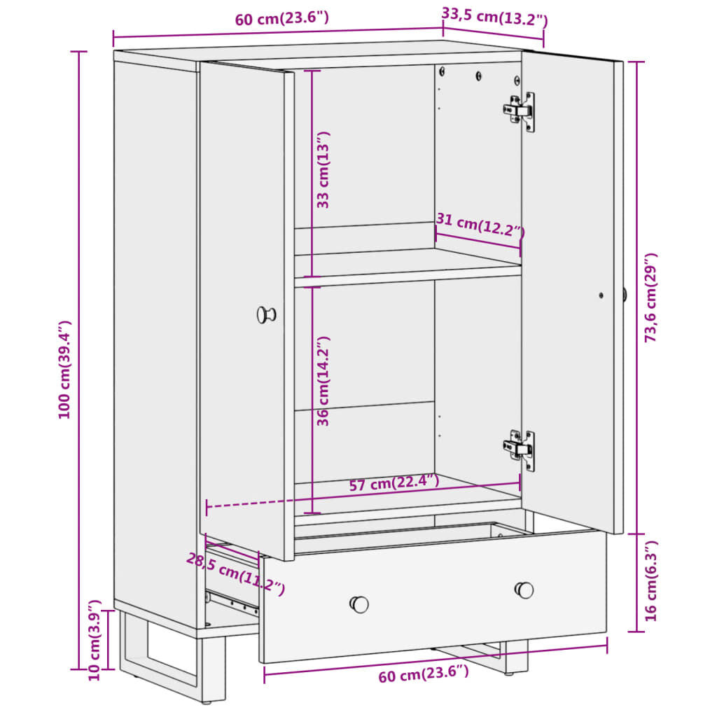 vidaXL Ντουλάπι Καφέ/Μαύρο 60 x 33,5 x 100 εκ. από Μασίφ Ξύλο Μάνγκο