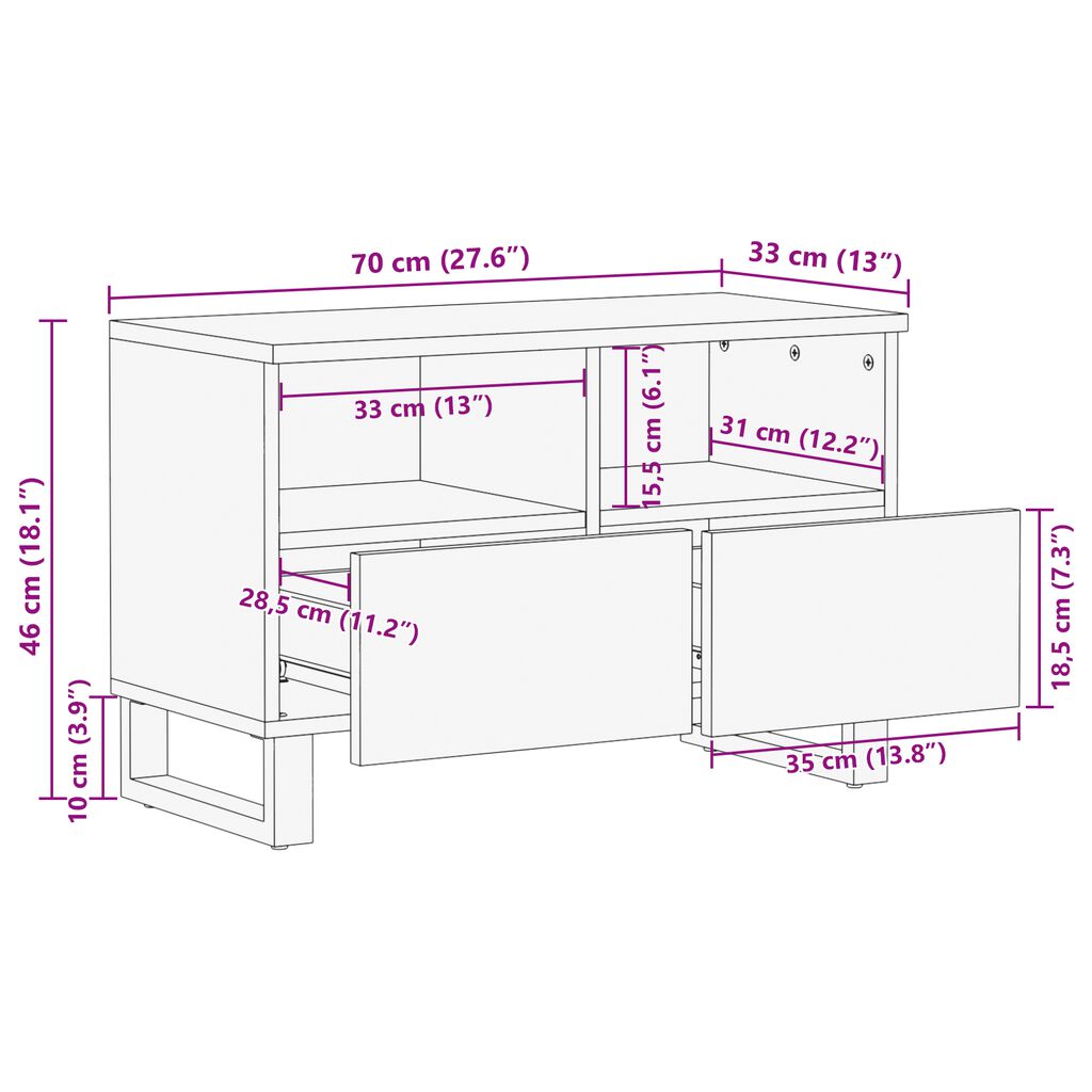 vidaXL Ντουλάπι TV με συρτάρι Καφέ 70 x 33 x 46 εκ Μασίφ ξύλο μάνγκο