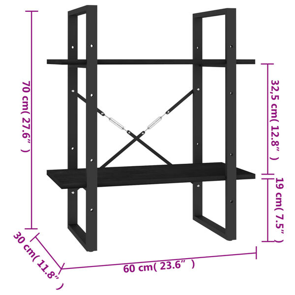 vidaXL Βιβλιοθήκη με 2 Ράφια Μαύρη 60x30x70 εκ. από Μασίφ Ξύλο Πεύκου
