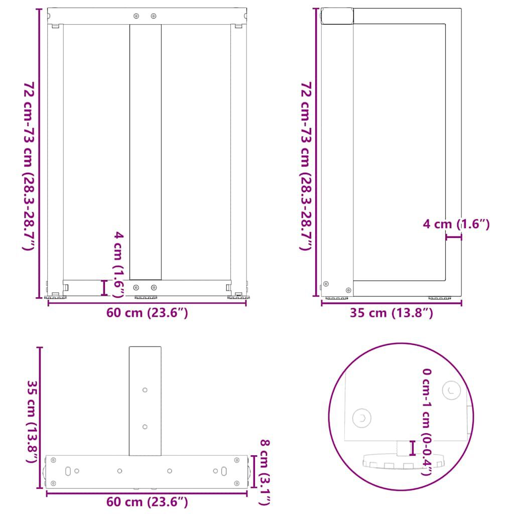 vidaXL Πόδια τραπεζαρίας σχήμα T 2 τεμ. Μαύρο 60x35x(72-73) εκ. Ατσάλι