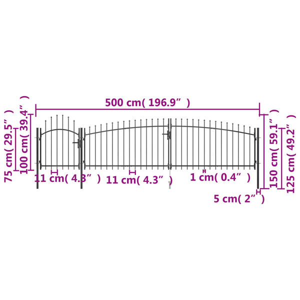 vidaXL Καγκελόπορτα με Λόγχες Μαύρη 5 x 1,5 μ.