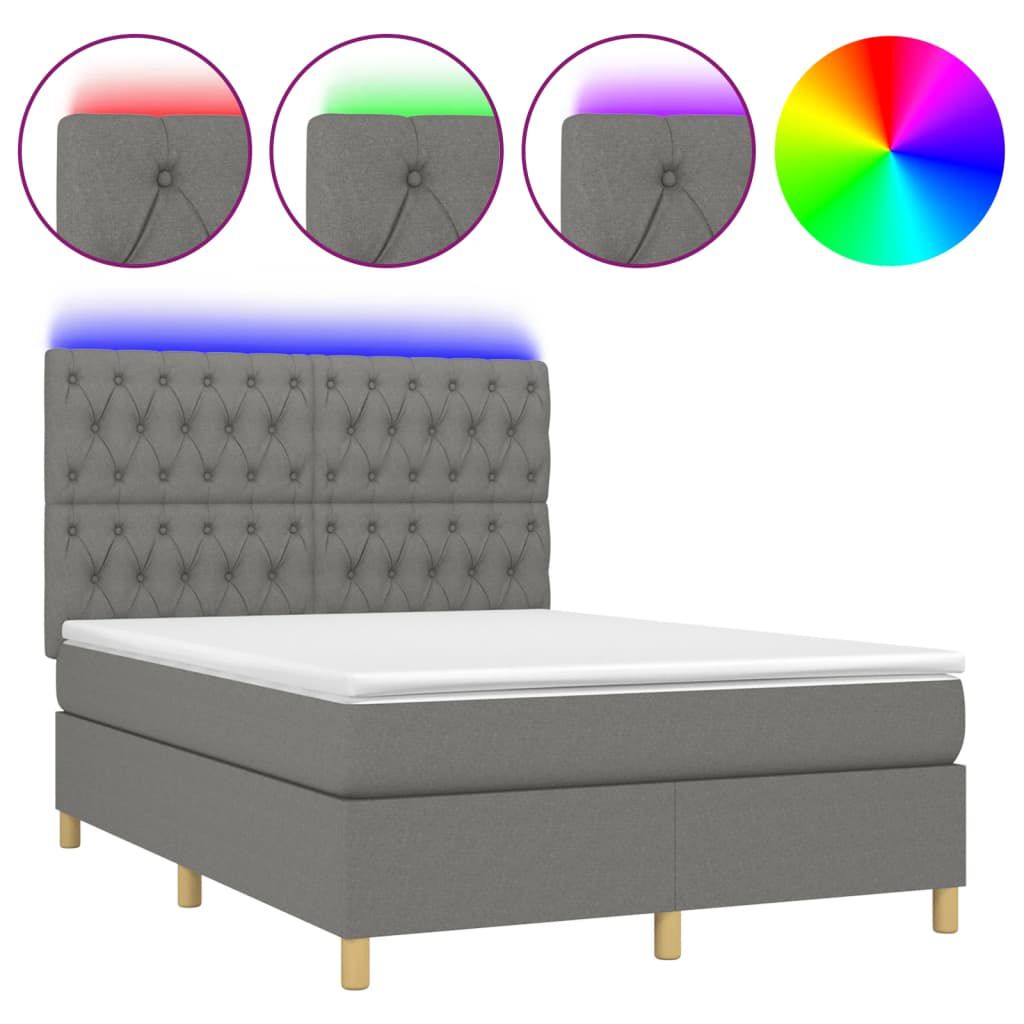 vidaXL Κρεβάτι Boxspring με Στρώμα & LED Σκ.Γκρι 140x190εκ. Υφασμάτινο