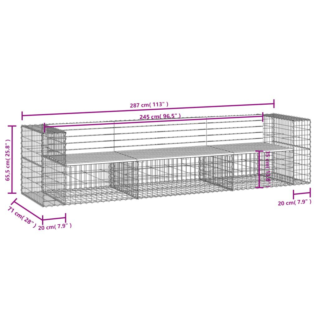 vidaXL Παγκάκι Κήπου Συρματοκιβώτιο 287x71x65,5 εκ. Μασίφ Ξύλο Πεύκου