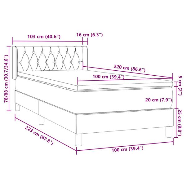 vidaXL Box Spring κρεβάτι με στρώμα ανοιχτό γκρι 100x220 εκ. Βελούδινο