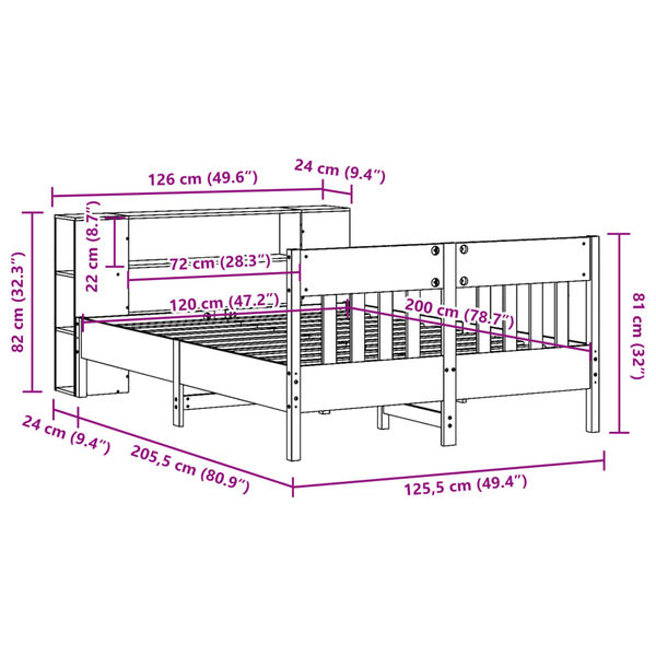 vidaXL Κρεβάτι Βιβλιοθήκη Χωρίς Στρώμα 120x200 εκ Μασίφ Ξύλο Πεύκο