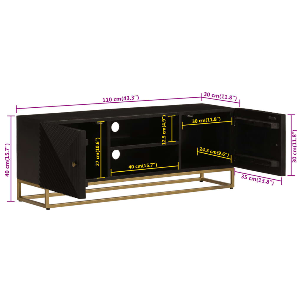 vidaXL Έπιπλο Τηλεόρασης Μαύρο 110x30x40εκ.Μασίφ Ξύλο Μάνγκο & Σίδηρος
