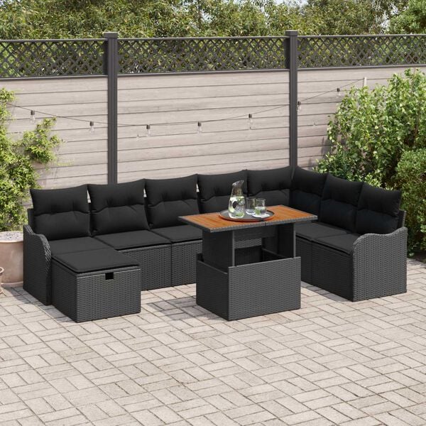 vidaXL Σετ Καναπέ Κήπου με μαξιλάρι 9 pcs Μαύρο Πολυ ράταν