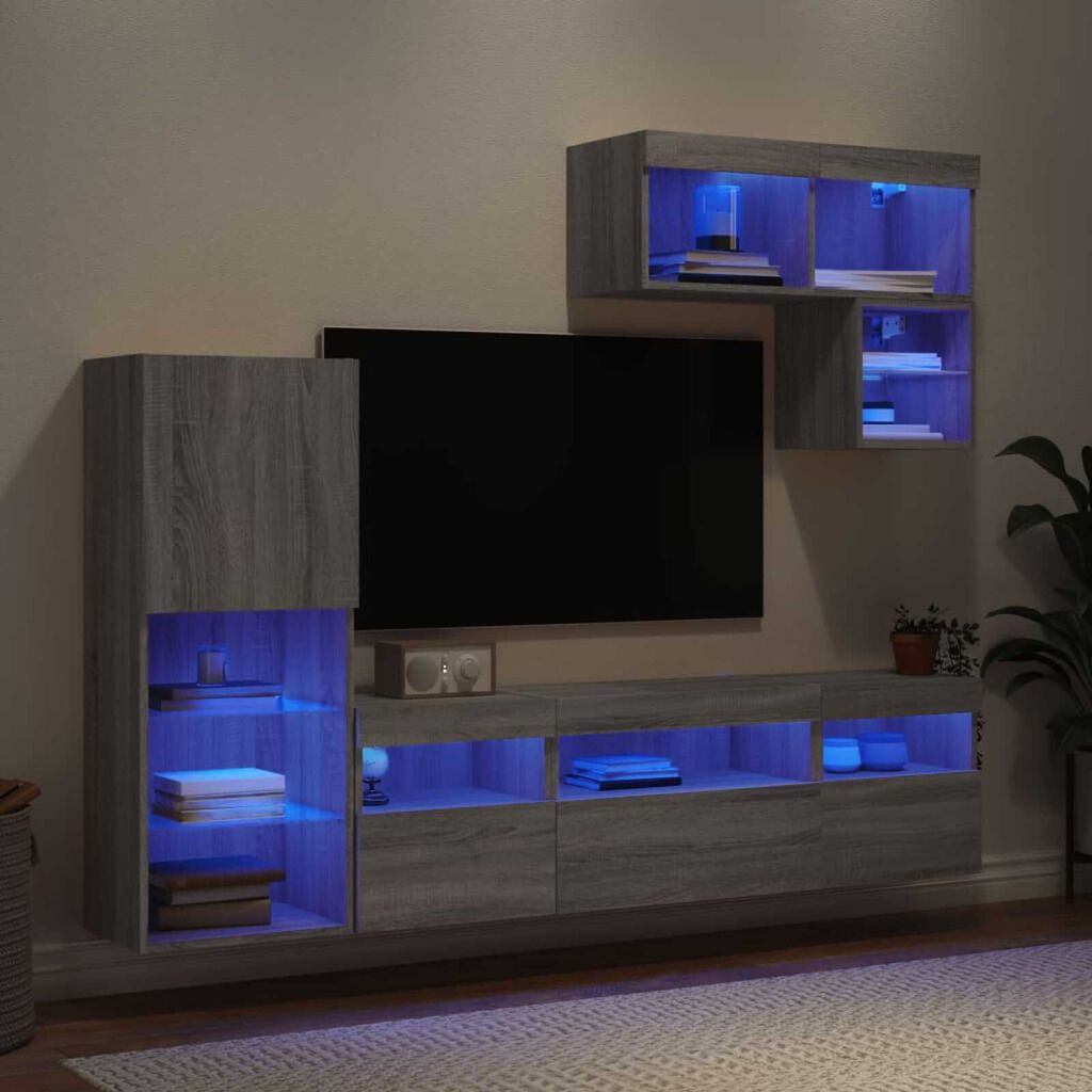 vidaXL Έπιπλα Τοίχου Τηλεόρασης 6 τεμ. LED Γκρι Sonoma από Επεξ. Ξύλο