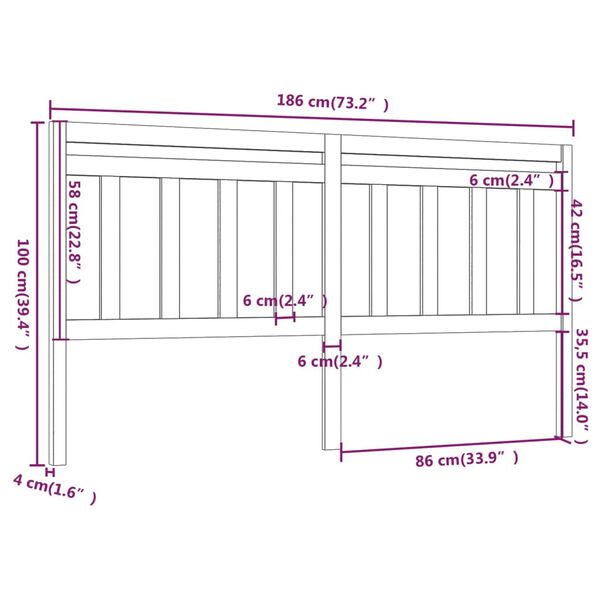 vidaXL Κεφαλάρι Κρεβατιού Μαύρο 186 x 4 x 100 εκ. Μασίφ Ξύλο Πεύκου