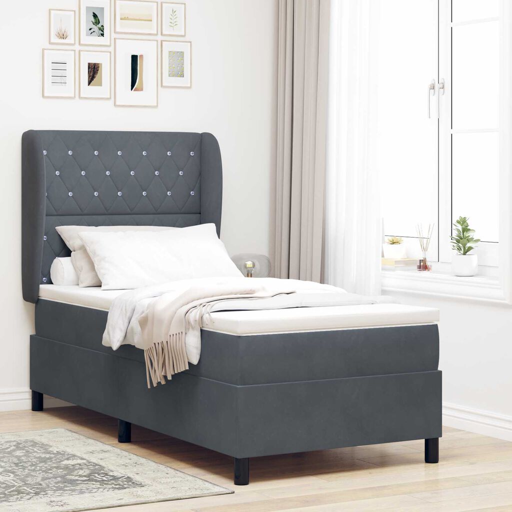 vidaXL Κρεβάτι Box Spring με Στρώμα Σκοτεινό Γκρι 90x190 εκ Βελούδο