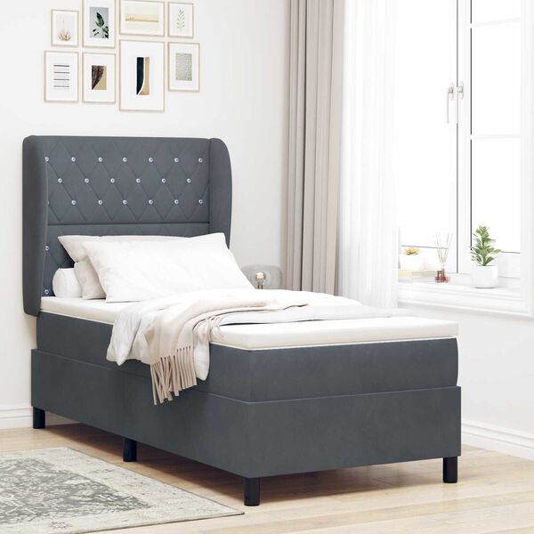 vidaXL Κρεβάτι Box Spring με Στρώμα Σκοτεινό Γκρι 90x190 εκ Βελούδο