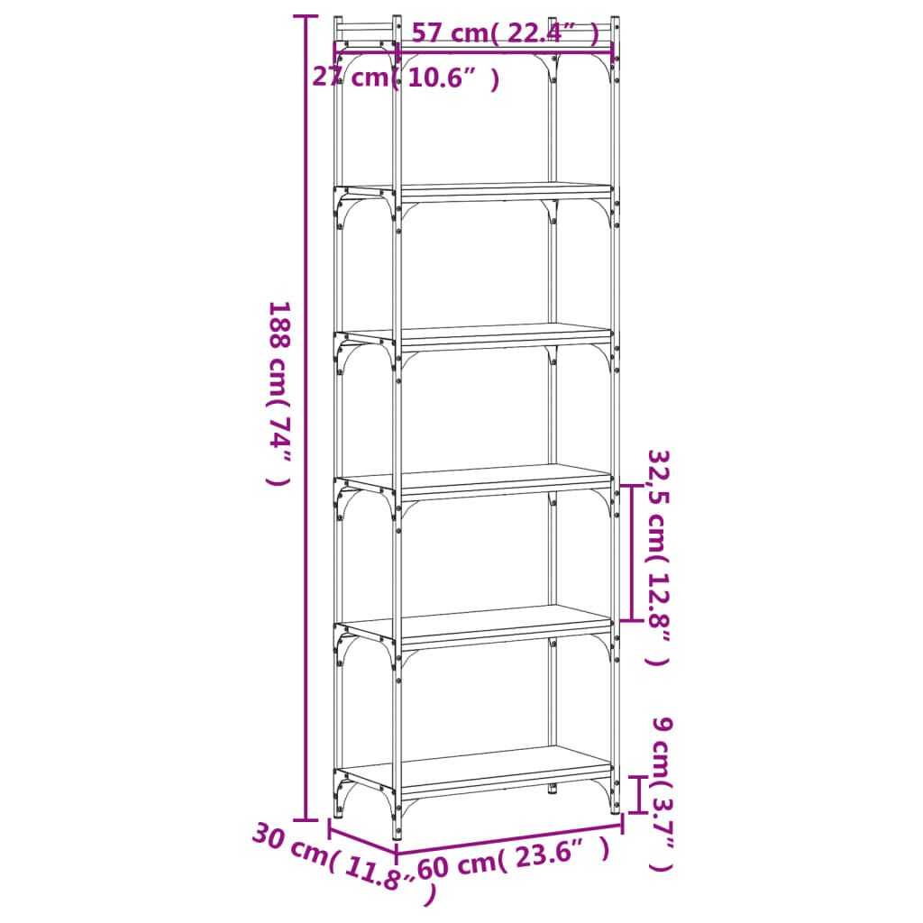 vidaXL Βιβλιοθήκη 6 Επιπέδων Μαύρη 60x30x188 εκ. Επεξεργασμένο Ξύλο