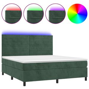 vidaXL Κρεβάτι Boxspring με Στρώμα & LED Σκ. Πράσινο 180x200εκ Βελούδο
