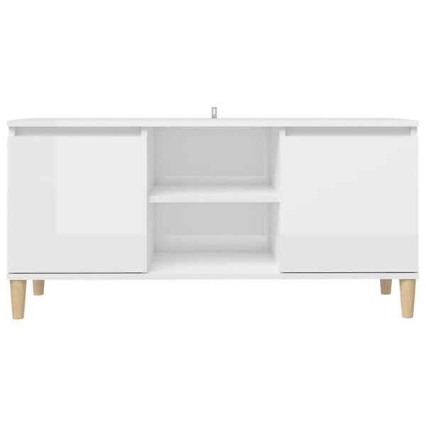 vidaXL Έπιπλο Τηλεόρασης Γυαλ. Λευκό 103,5x35x50 εκ Μασίφ Ξύλινα Πόδια