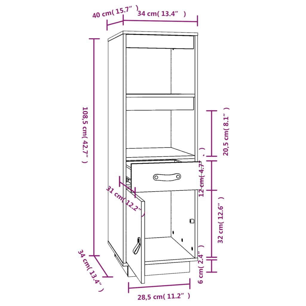 vidaXL Ντουλάπι Ψηλό Λευκό 34 x 40 x 108,5 εκ. από Μασίφ Ξύλο Πεύκου