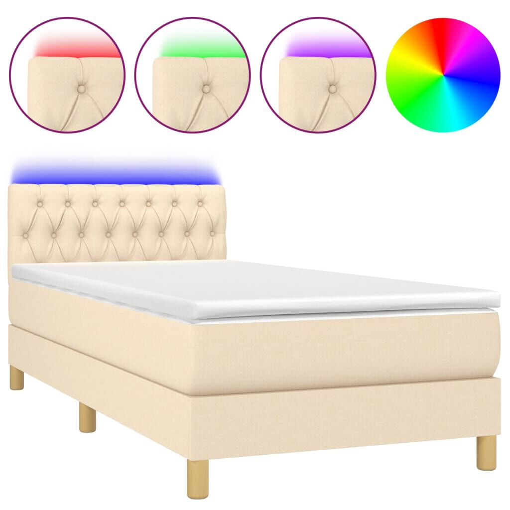 vidaXL Κρεβάτι Boxspring με Στρώμα & LED Κρεμ 90x190 εκ. Υφασμάτινο