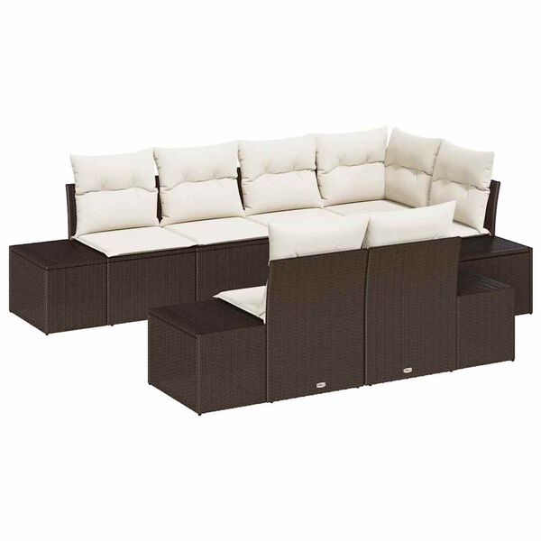 vidaXL Σετ Καναπέ Κήπου με μαξιλάρι 7 pcs Καφέ και κρεμ Πολυ ράταν