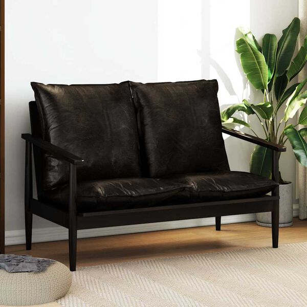 vidaXL Καναπές Διθέσιος Μαύρος από Γνήσιο Δέρμα με Ξύλο Ακακίας