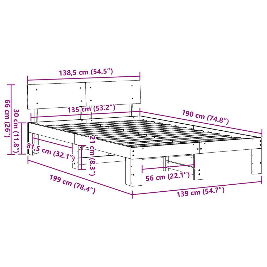 vidaXL Σκελετός Κρεβατιού Καφέ 135 x 190 cm Μασίφ ξύλο πεύκου