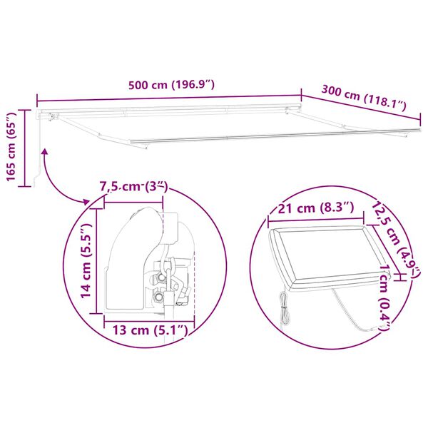 vidaXL Τέντα Πτυσσόμενη Χειροκίνητη με LED Καφέ 500x300 εκ.