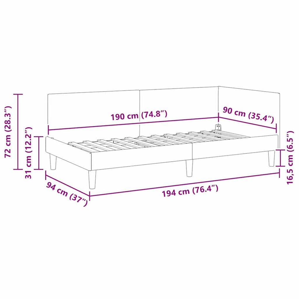 vidaXL Κρεβάτι Γωνίας Άλλο Μπορντό 90 x 190 cm Ύφασμα και Έργο ξύλου