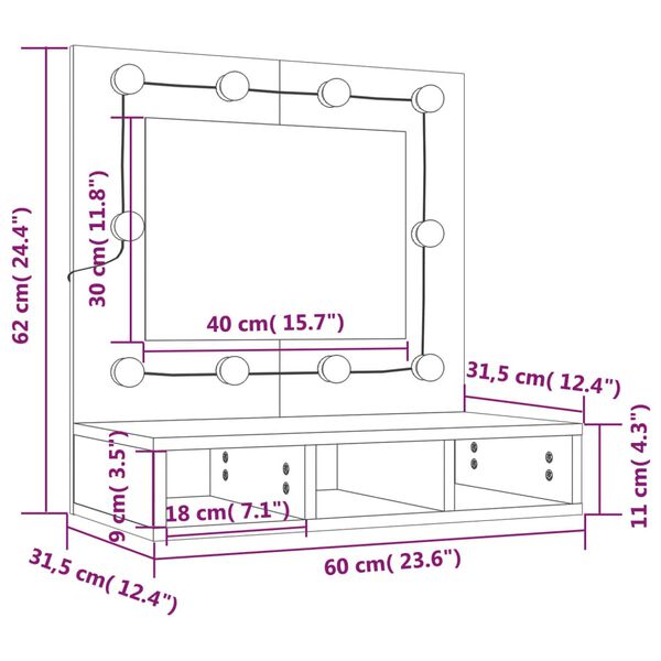 vidaXL Έπιπλο Καθρέπτη με LED Καπνιστή Δρυς 60x31,5x62 εκ.