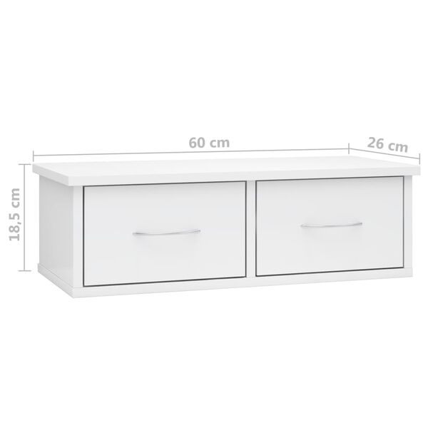 vidaXL Ράφι Τοίχου με Συρτάρια Γυαλ. Λευκό 60x26x18,5 εκ. Επεξ. Ξύλο