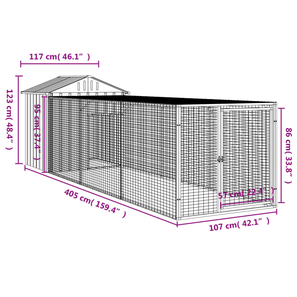 vidaXL Κλουβί για Κότες με Αυλή Αν. Γκρι 117x405x123 εκ Γαλβαν. Ατσάλι