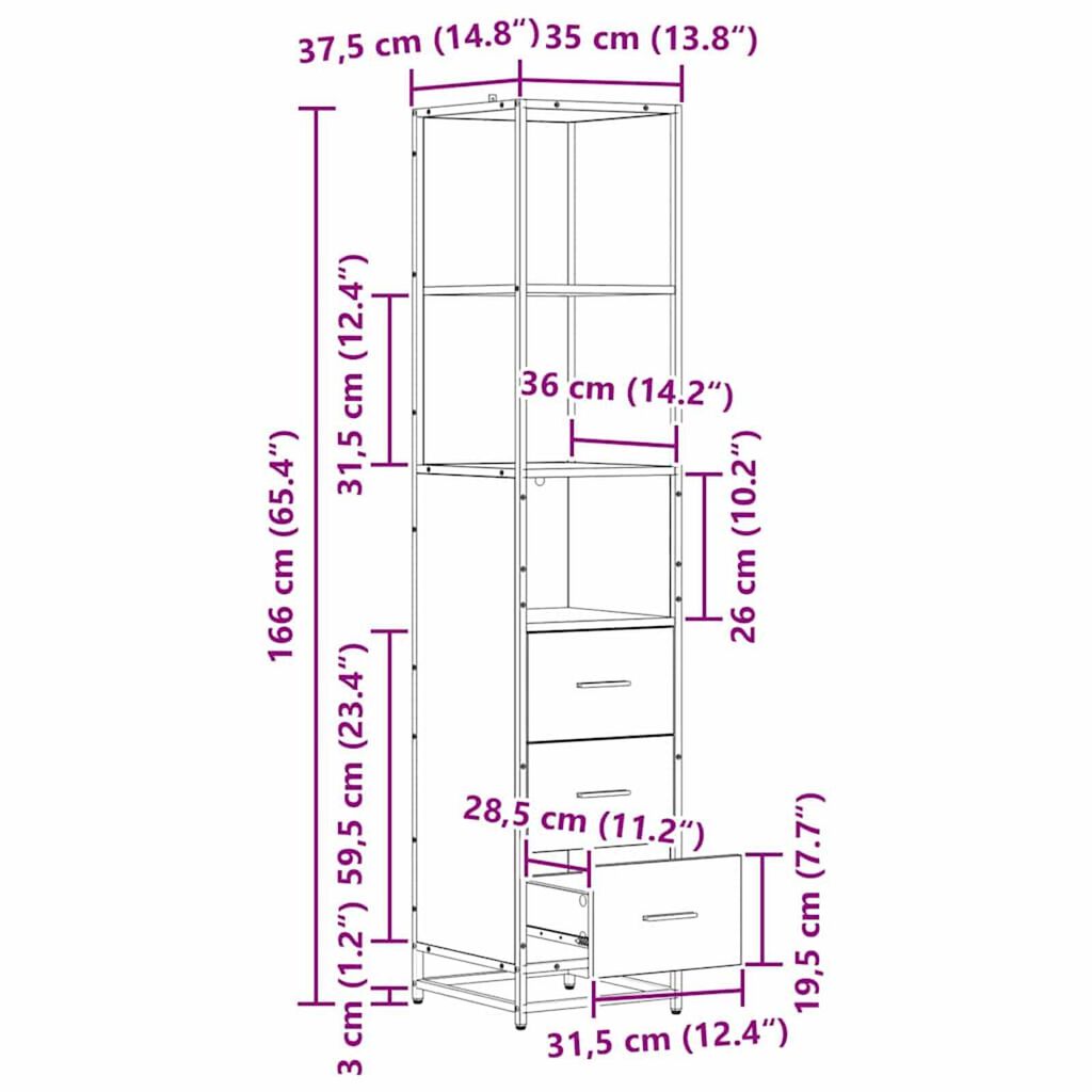 vidaXL Ντουλάπι Μπάνιου με συρτάρι Μαύρη δρυς 35 x 37.5 x 166 εκ.