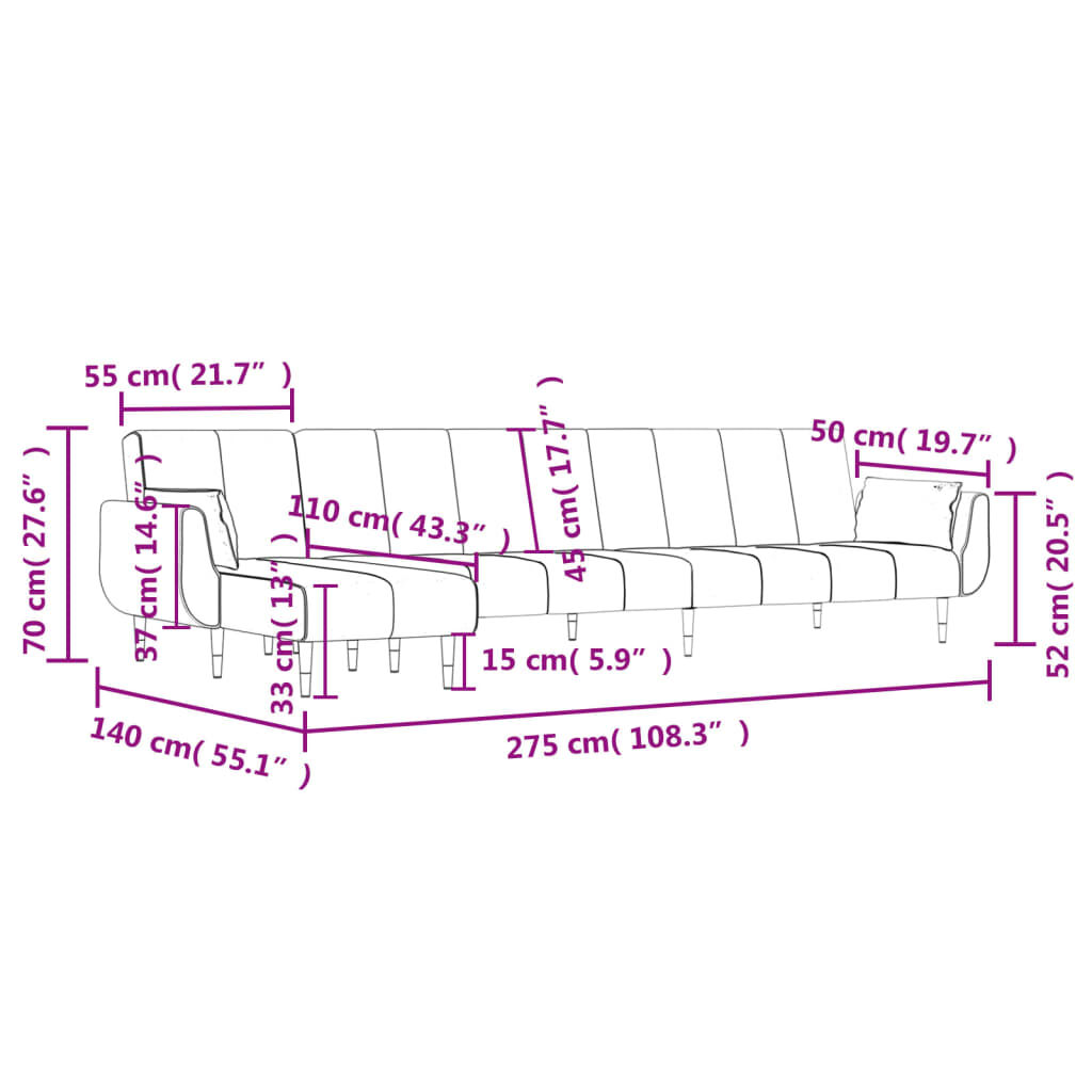 vidaXL Καναπές Κρεβάτι Γωνιακός Αν. Γκρι 275 x 140 x 70 εκ. Βελούδινος
