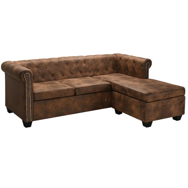 vidaXL Καναπές Γωνιακός Chesterfield Καφέ από Συνθετικό Καστόρι