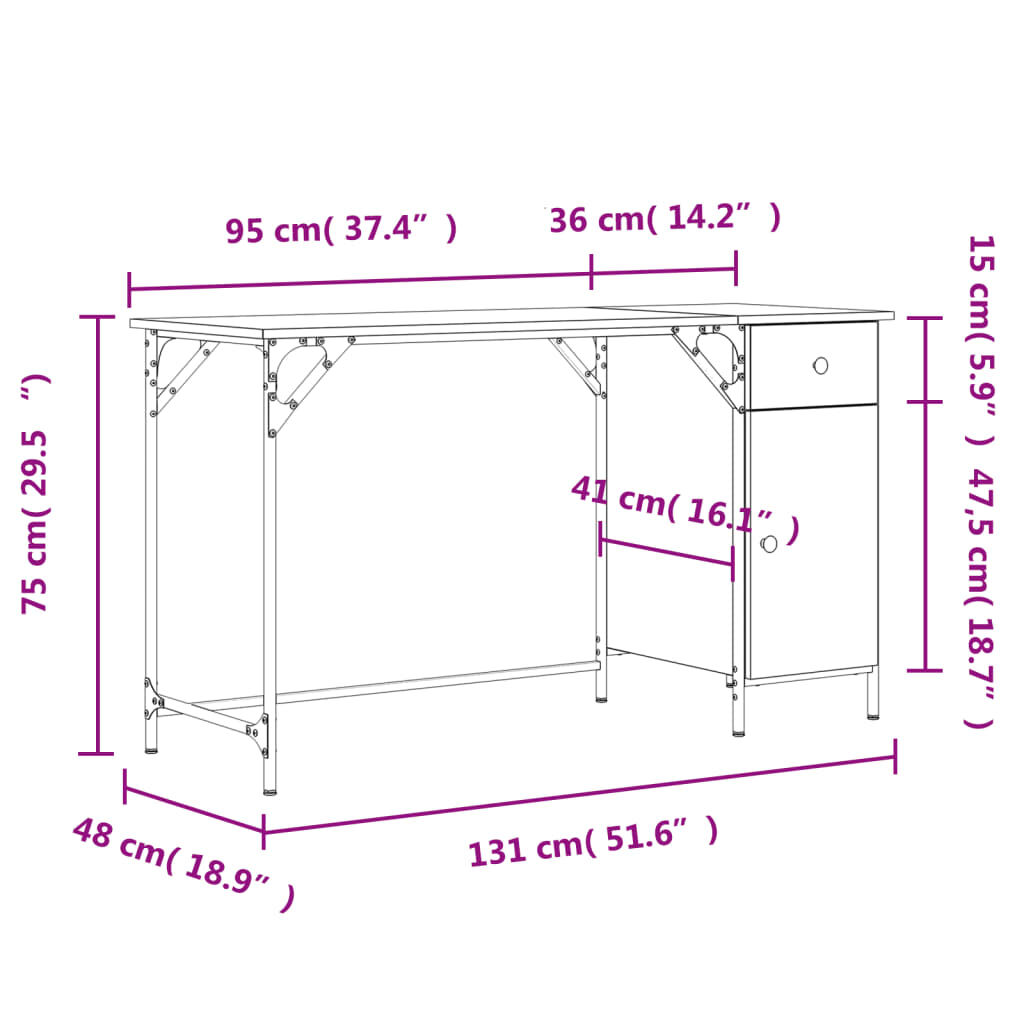 vidaXL Γραφείο Υπολογιστή Γκρι Sonoma 131x48x75 εκ. Επεξεργασμένο Ξύλο