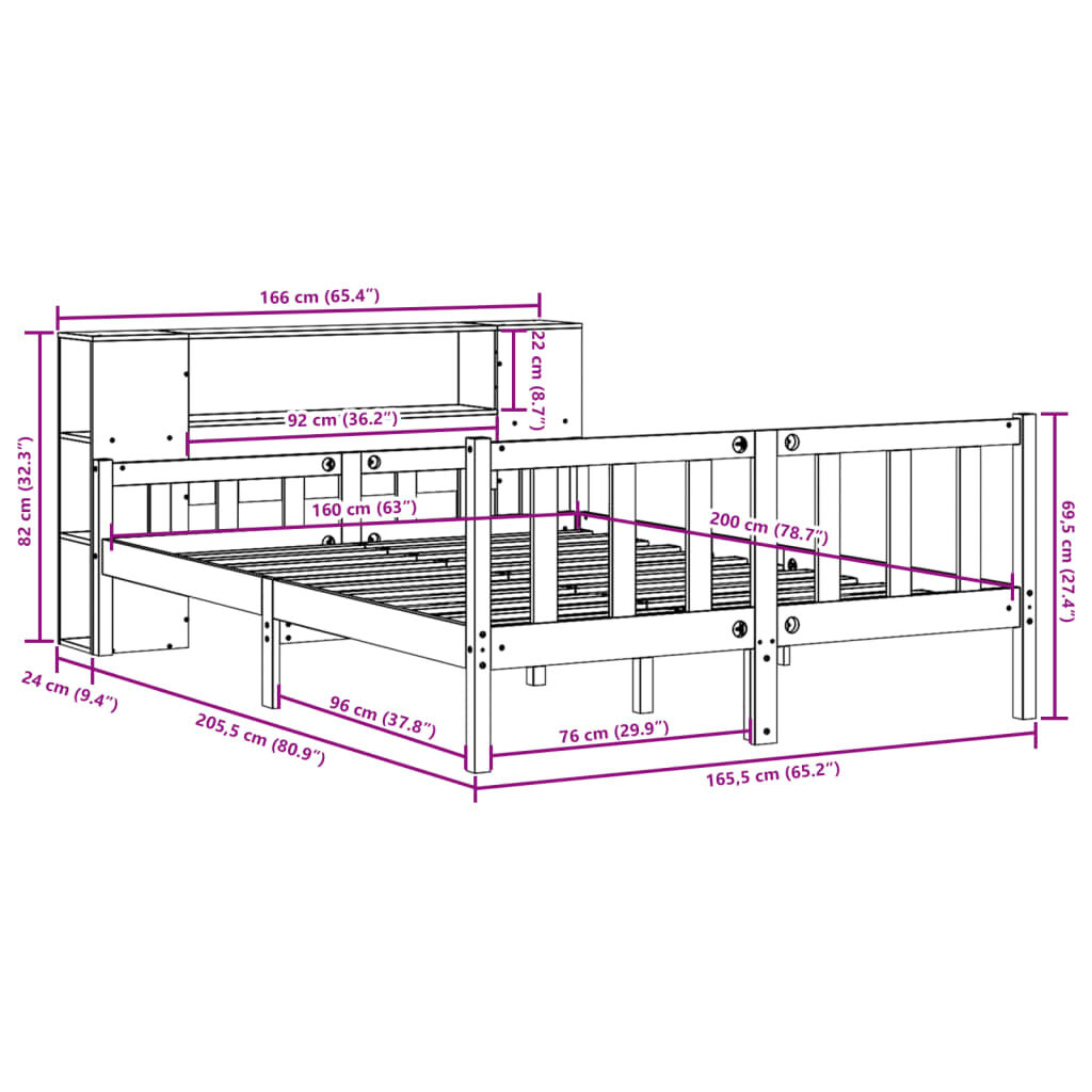 vidaXL Κρεβάτι Βιβλιοθήκη Χωρίς Στρώμα Καφέ 160x200 εκ Μασίφ Πεύκο
