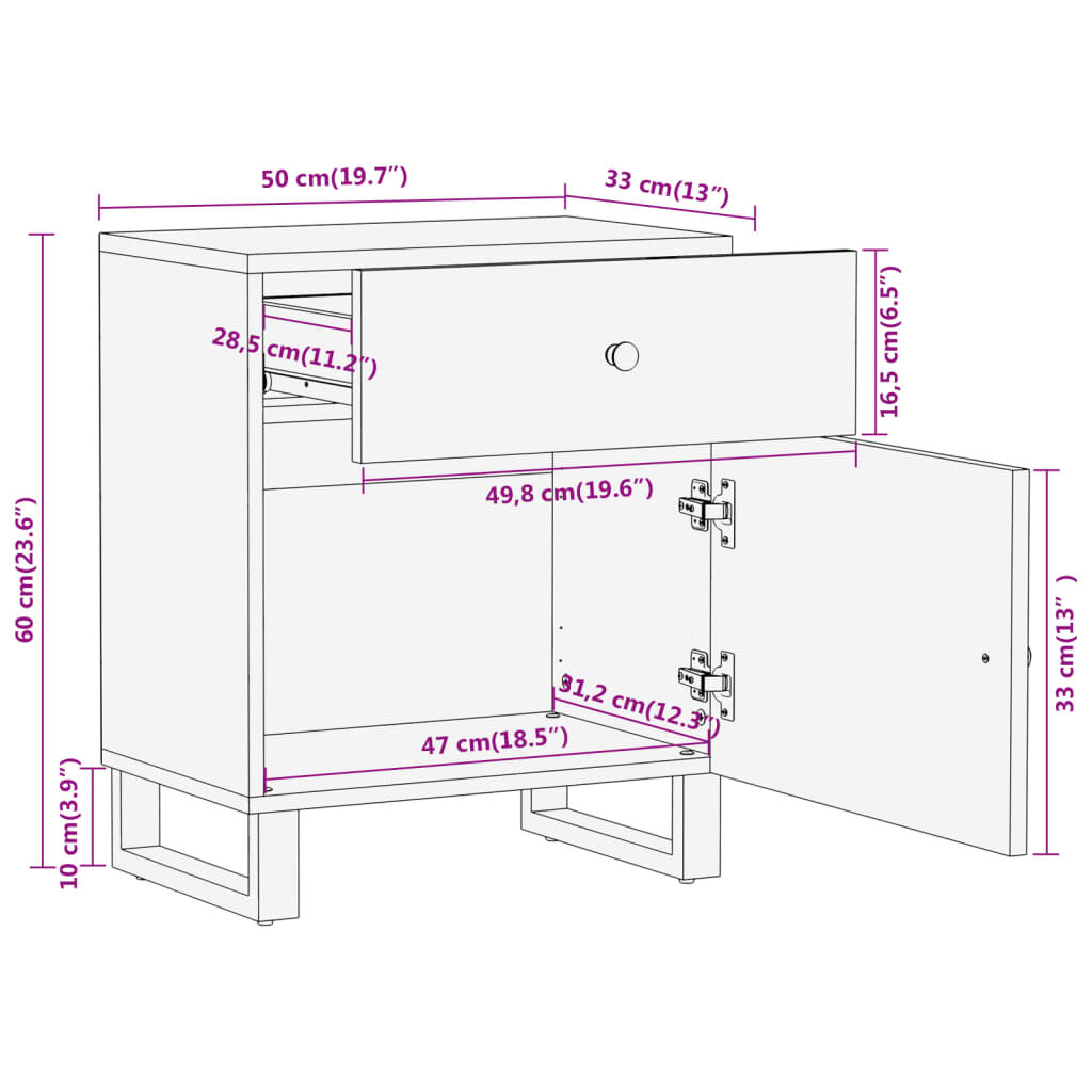 vidaXL Κομοδίνο Καφέ και Μαύρο 50x33x60 εκ. από Μασίφ Ξύλο Μάνγκο