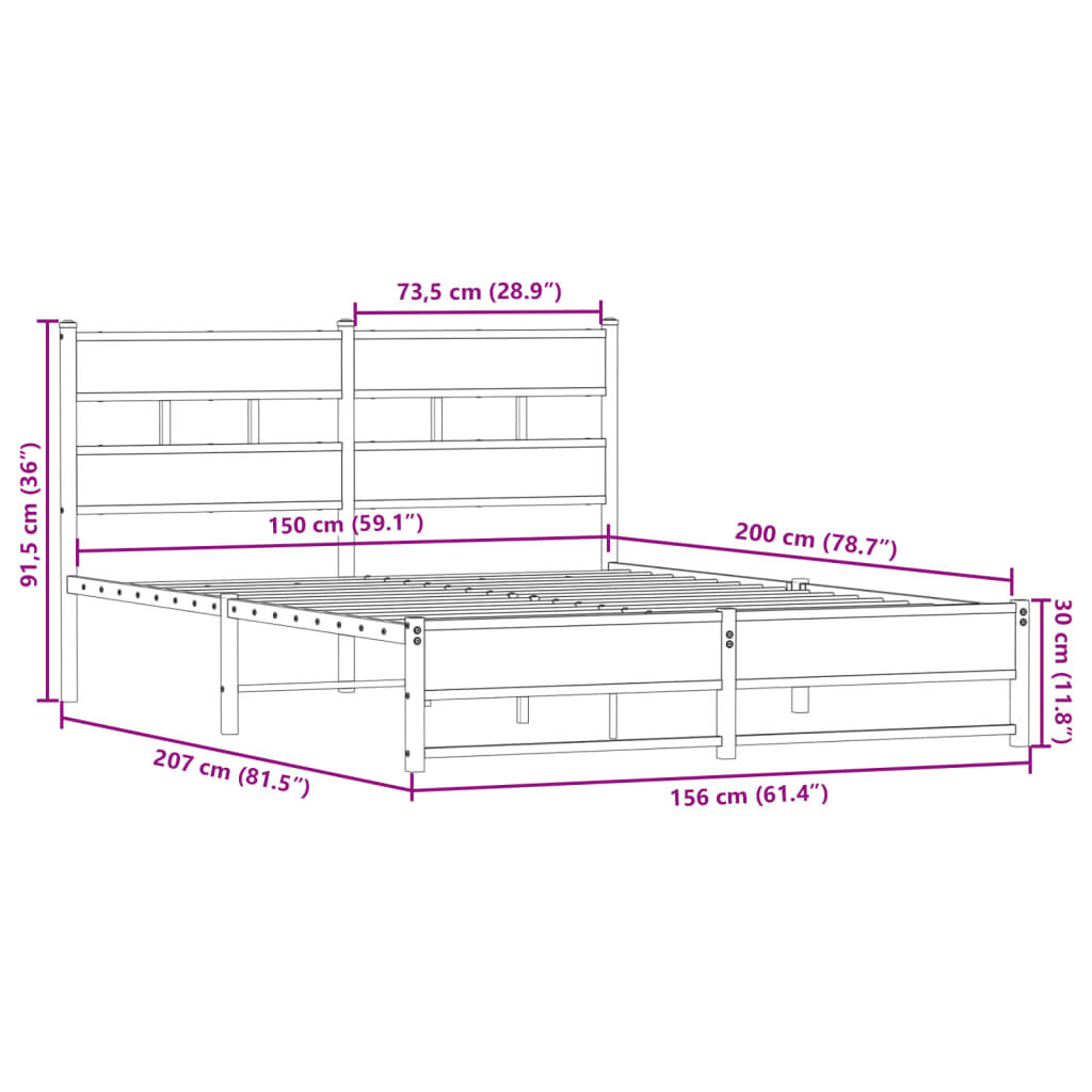 vidaXL Σκελετός Κρεβ. Χωρίς Στρώμα Sonoma Δρυς 150x200 εκ. Μεταλλικό
