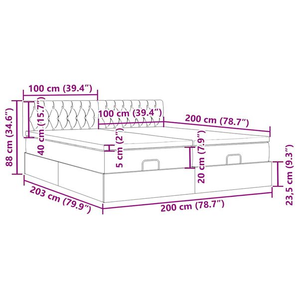 vidaXL Οθωμανικό κρεβάτι με στρώματα & LEDs Σκούρο γκρι Βελούδο