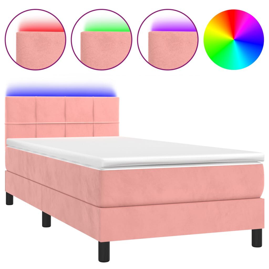 vidaXL Κρεβάτι Boxspring με Στρώμα & LED Ροζ 100x200 εκ. Βελούδινο