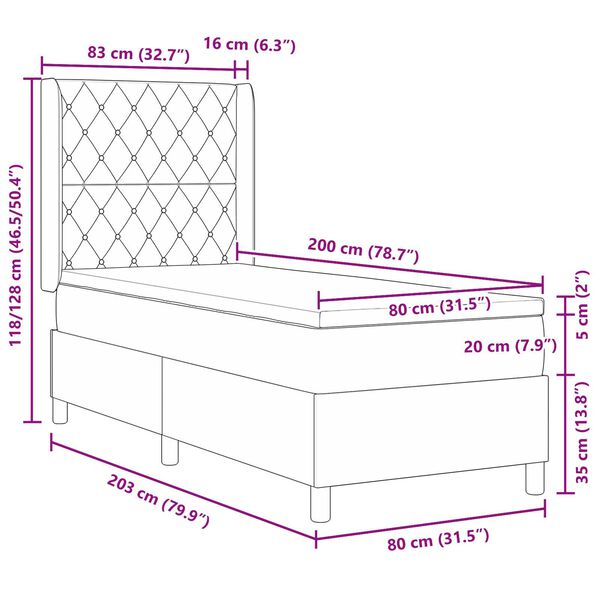vidaXL Κρεβάτι Box Spring LED με Στρώμα Argyle Σκούρο γκρι 80 x 200 cm