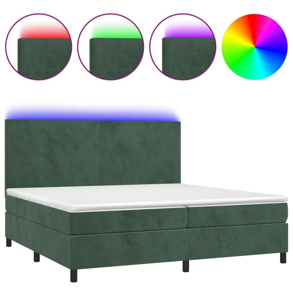 vidaXL Κρεβάτι Boxspring με Στρώμα & LED Σκ. Πράσινο 200x200εκ Βελούδο