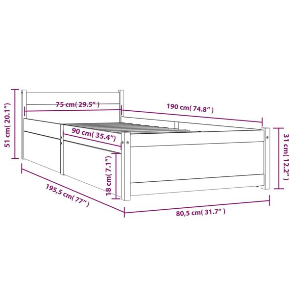 vidaXL Πλαίσιο Κρεβατιού Με Συρτάρια Μαύρο 75x190 εκ Small Single