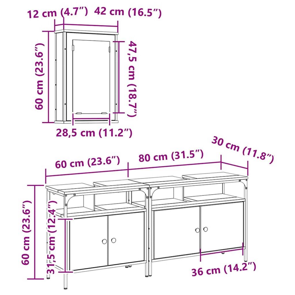 vidaXL Μονάδες Νιπτήρα Μπάνιου με πόρτα 3 pcs Μαύρο 80 x 30 x 60 cm
