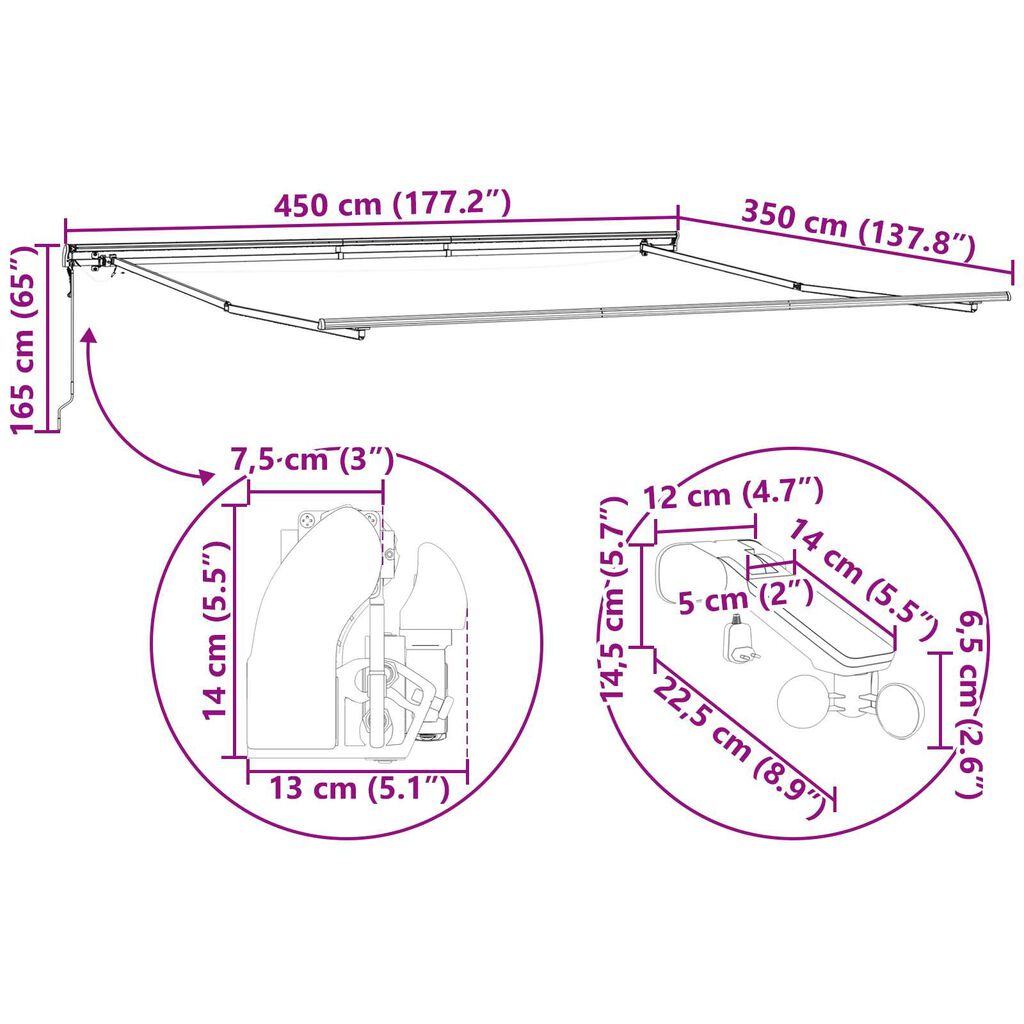 vidaXL Αυτόματη Ανασυρόμενη Τέντα με LED Μαύρη 450x350 cm