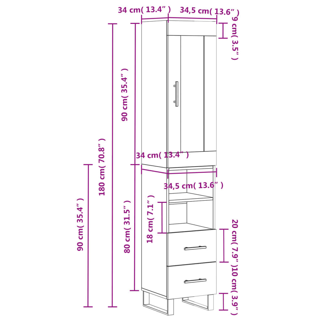 vidaXL Ντουλάπι Γκρι Σκυροδέματος 34,5x34x180 εκ. Επεξεργασμένο Ξύλο