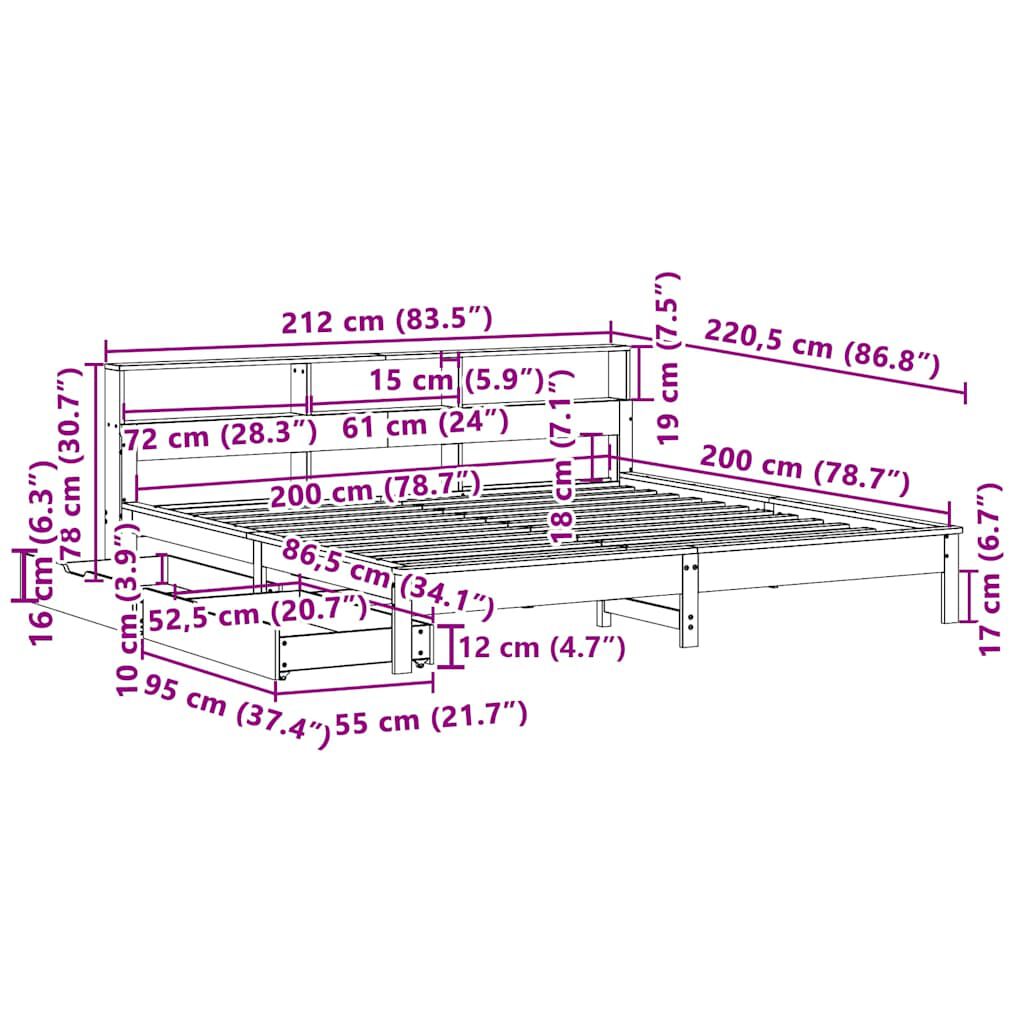 vidaXL Κρεβάτι Βιβλιοθήκη Χωρίς Στρώμα 200x200 εκ Μασίφ Ξύλο Πεύκου
